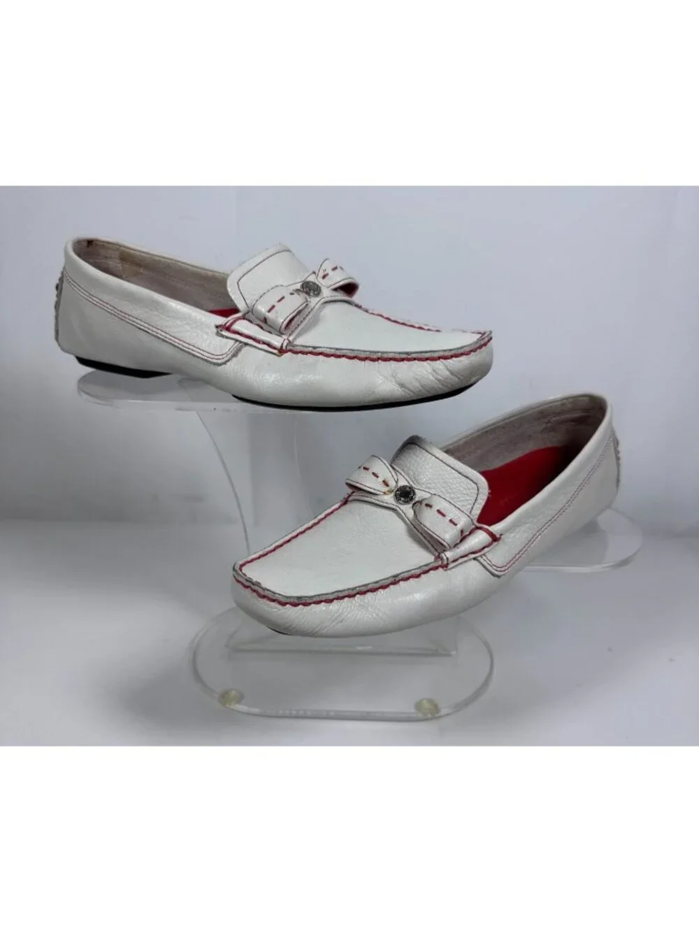 Cole Haan Women White Leather Driving Loafers Shoes Red Stitch Bow Size 8.5 B